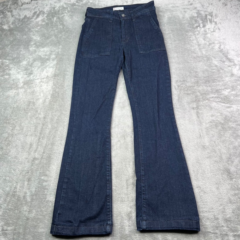 Morrison Trucker Jeans Womens 26 Dark Blue Solid Stretch Flare Patch Pockets